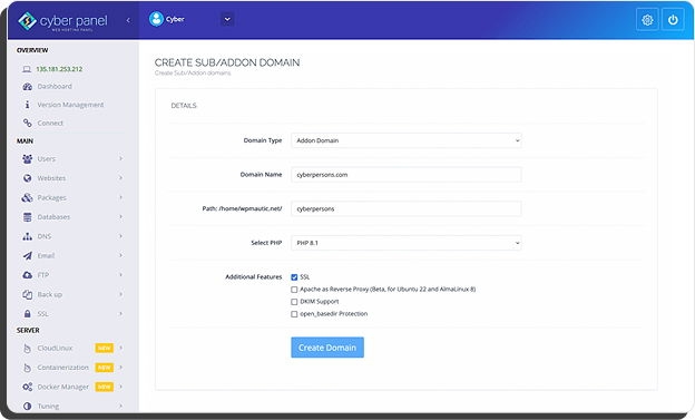 cyberpanel-skapa-doman-webbhotell